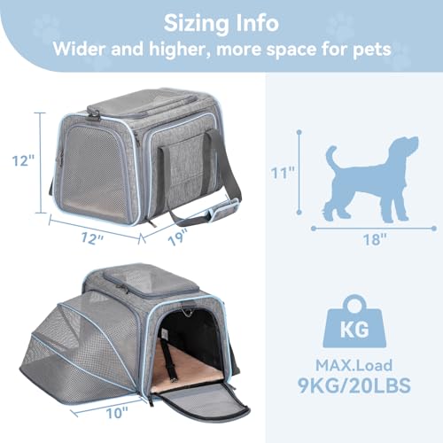 Large Expandable Cat Carrier for Travel (19.0"L x 12.0"W x 12.0"H / Light Gray)