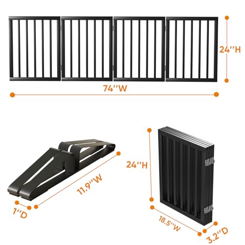 Black 37 74" Dog Gate Foldable Dog Gates for Doorways Stairs House Freestanding Pet Gate Puppy Barries 24 inches Tall (Bamboo Dog Gate Black / 4 Panel - 74 inches Wide)