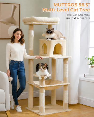 Cat Tree for Large Cats Adult with Metal Plush Big Hammock (Beige / 56.3in)