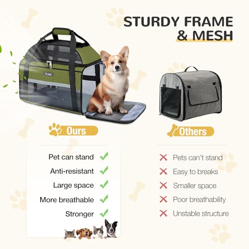 Top Expandable Pet Carrier 17x11x9.5 Inch Alaska Hawaiian Airline Approved Soft Sided Underseat to 12lbs Travel Carriers for Small Dogs and Cats with Locking Safety Zippers Anti (Dark Green)
