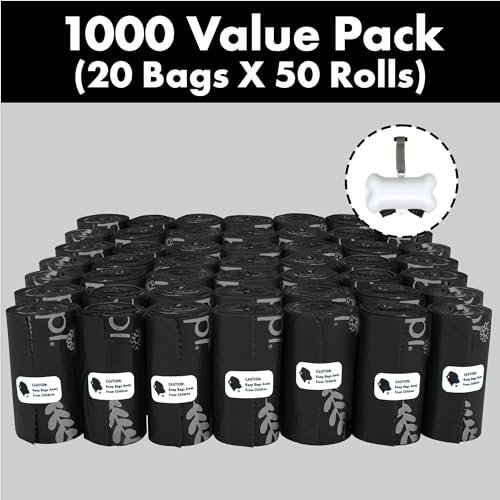 Dog Poop Waste Bags with Dispenser and Leash Tie (Black / 1 Count (Pack of 1000))