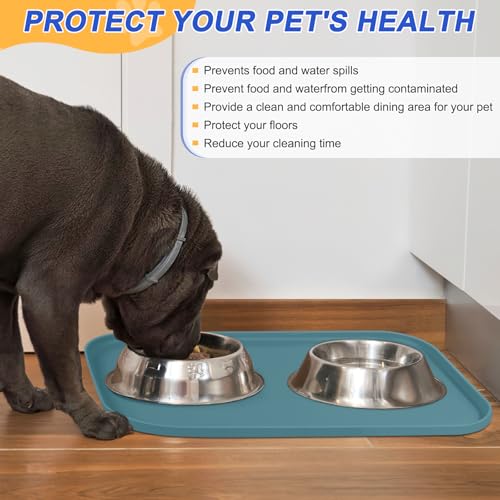 Waterproof Silicone Pet Food Mat with Raised Edge for Dog & Cat (Slate Blue / 19"L x 12"W)