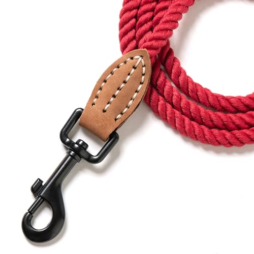 Dog Leash Braided Cotton Rope with Leather (Red / 60 Inch-1/3")