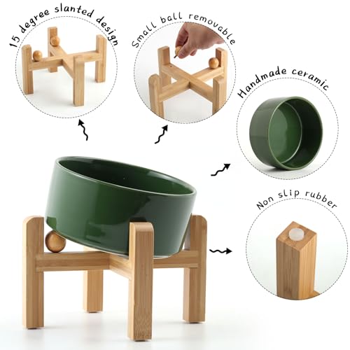 Raised Elevated 15°Slanted Ceramic Dog Bowl for Small Breeds (Rust Green / 1.7 CUPS - Puppy/Small Dogs & Cat Bowls)