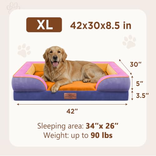 Orthopedic Dog Bed for Extra Large Dogs with Bolster (42.0"L x 30.0"W x 8.5"Th / Orange Breeze)