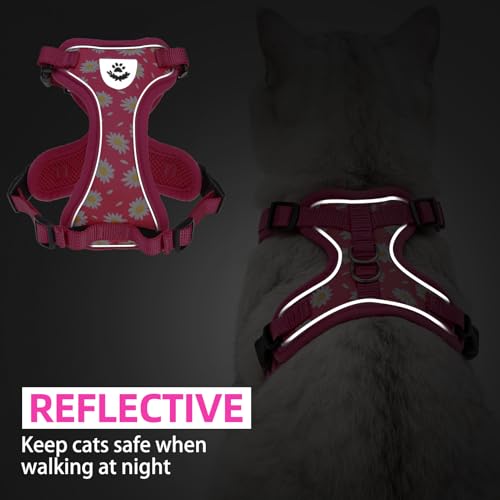 Cat Harness and Leash Set Escape Proof Reflective Cat Walking Harness Adjustable Soft Breathable Mesh Vest for Small Pets (M (NECK 11"-13.7", CHEST 16"-20") / Fuchsia Daisy)