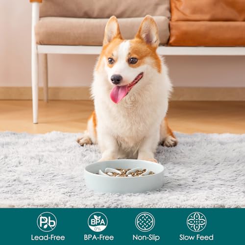 Ceramic Slow Feeder Dog Bowls (M-1.5 Cups / Grayish Cyan)