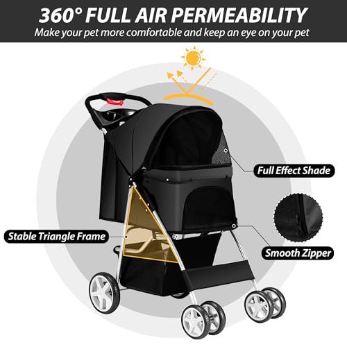 Foldable 4 Wheel Pet Stroller for Dogs Cats 10 (Black)