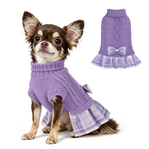 Small Dog Sweater Dress with Bowtie Turtleneck (X-Small (2-5lbs) / Purple)