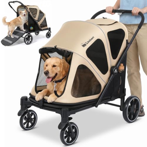 Dog Stroller for Medium Dogs 88lbs with Ramp for Easy Access Foldable Khaki (Khaki&Black)