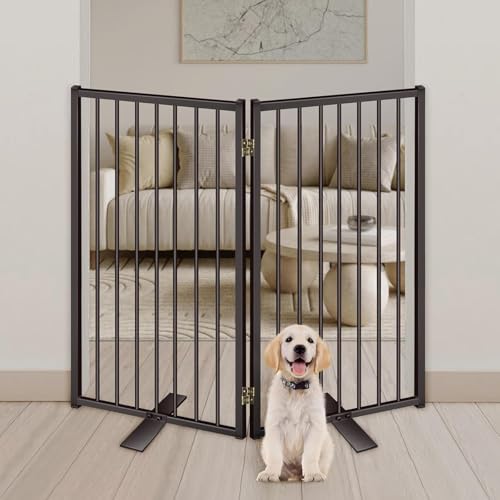 Metal Freestanding Dog Gates with Door for Outdoor Indoor (Black / 【2 Panels】 32''H*40''W)
