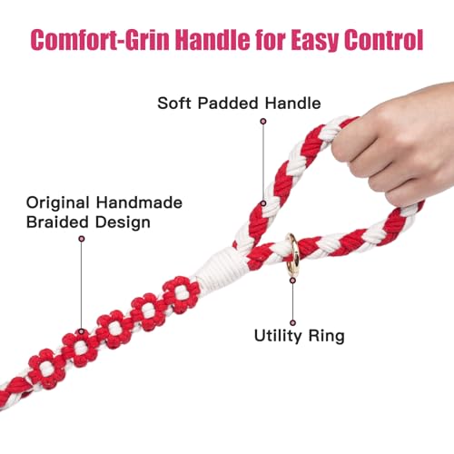 5FT Braided Cotton Rope Leash for Small (Red and white)
