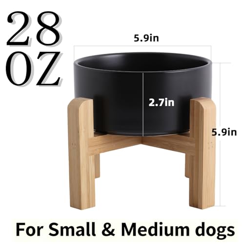 Elevated Raised Ceramic Dog Bowl with Bamboo Stand (Black / Medium)