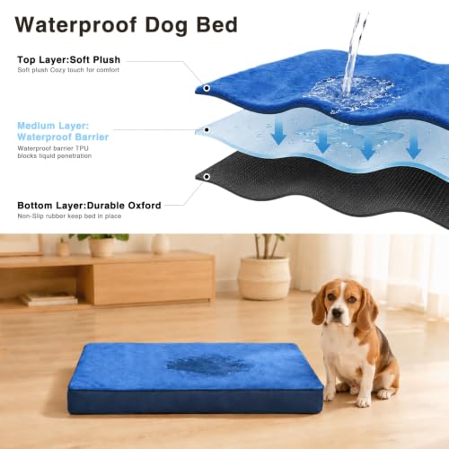 Waterproof Large Dog Bed for Crate with Washable Cover (35.0"L x 22.0"W x 3.0"Th / Navy)