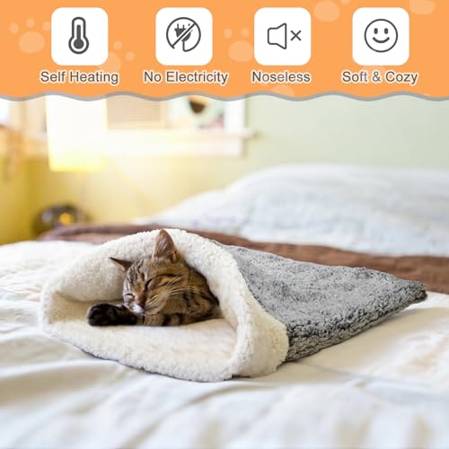 Self Heating Cat Sleeping Bag Indoor Self Warming Cat Bed Cave Heated Pad Cozy Soft Winter Washable Wrap Pet Snuggle Sack Pouch for Puppy Dog Kitten (Rustic / Gray)