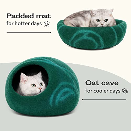Cat Cave Merino Wool Bed for Indoor Cats (Emerald / Large)