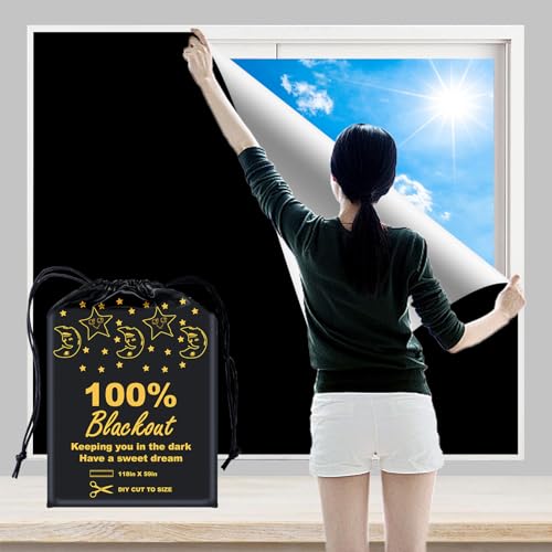 100% Blackout Blind Curtains Window Cover [XXL Size 118"x 59" ] [DIY Cut to Any Size or Shape] [Hook&Loop Tabs][Portable Bags for Travel ] [Light & UV Blocking ] for House (Black and Silver-grey / 59"W x 118"H)
