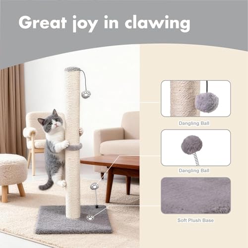 34“ Tall Cat Scratching Post Premium Basics Kitten Scratcher Sisal Scratch Posts Trees with Hanging Ball for Indoor Cats (34 inches for Adult Cats / Gray)