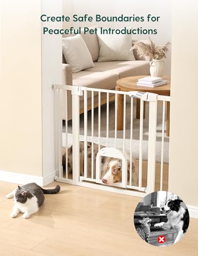 Dog Gate with Adjustable Cat Door (White / 29-43" Wide, 30" Tall)