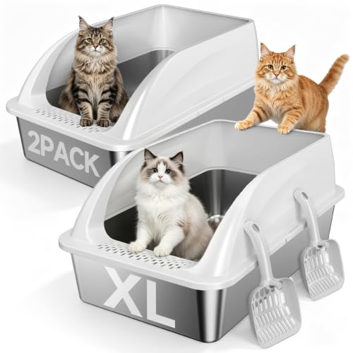 XL Stainless Steel Litter Box for Cats (Light Gray-2Pack)