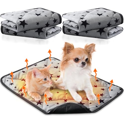 4 Pack Self Warming Cat Bed Self Heating Cat Mat Star Pattern Soft Dog Crate Pad Thermal Pet Mat Anti Slip Kennel Dog Washable Warming Bed for Outdoor Indoor (24 x 35 Inch / Gray)