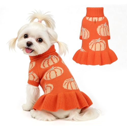 Bowknot Dog Sweater Dress for Small Dogs Girl (Medium (8-14lbs) / Pumpkin Orange)
