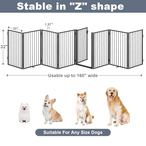 Metal Freestanding Dog Gates with Door for Outdoor Indoor (Black / 【8 Panels with Door】 32''H*160''W)