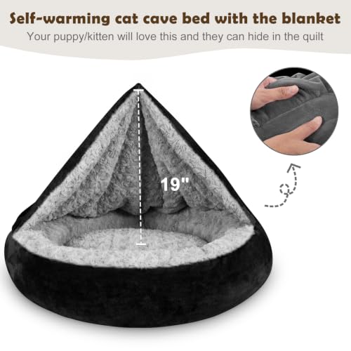 Small Dog Bed Cat Bed with Hooded Blanket (S(23" x 23" x 7") / Black)