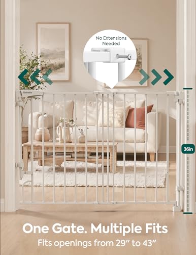 Removable Baby Gate for Stairs No Bottom Bar (White / 29-43" W, 30" H-Standard)