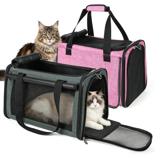 2 Packs 25 lbs Soft Sided Pet Carrier for Large Cat & Small Dog (17.5"L x 11.0"W x 11.0"H / Pink*1+Grey Green*1)