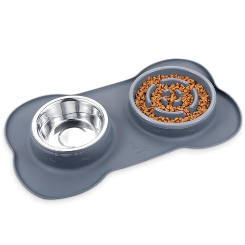 Slow Feeder Dog Bowls to Slow Down Eating (Large-2 Cup/17 oz each / Grey)