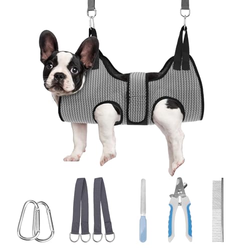 Dog Grooming Hammock Harness for Dogs & Cats with Pet Nail Clipper Trimmer (S / Grey)