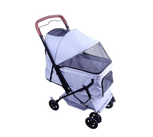 Pet Stroller 4 Wheels for Cats and Dogs (Reversible Handle / Silver)