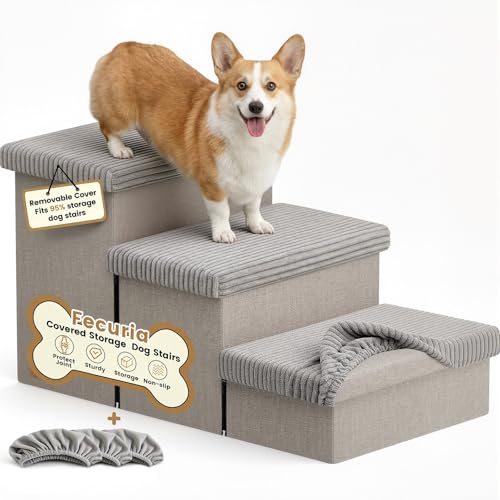 3 Step Wide Dog Stairs 18" H with Removable Cover (Covered Grey / 30"D x 17"W x 17.7"H)
