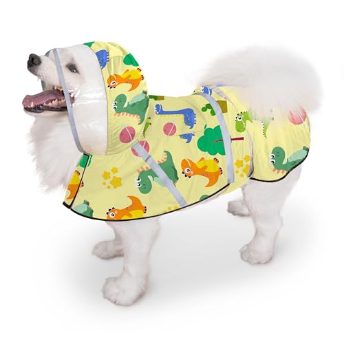 Dog Raincoat Adjustable Rain Jacket with Hooded Double Layer for Large Medium Small Dogs Puppies (Dino Yellow / Small)