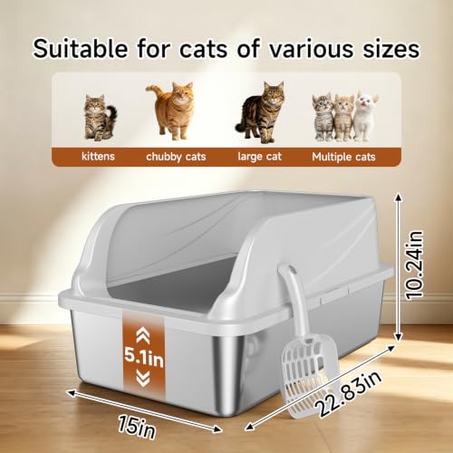 XL Stainless Steel Cat Litter Box with high Sides (silver gray xl)