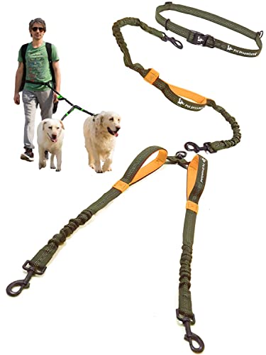 Exquisite Hands Free Double Dog Leash for Two Dogs with Tangle (Khaki & Orange)
