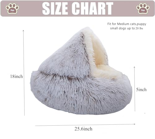 Calming Round Dog Beds &Cat Cave Bed with Hooded Cover (25.6x 25.6inch / Coffee)