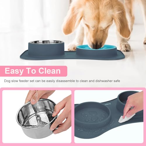 Slow Feeder Dog Bowls 3 in 1 Stainless Steel Food Water Bowl to Slow Eating (Small ＆ Medium Breed / Light Grey)