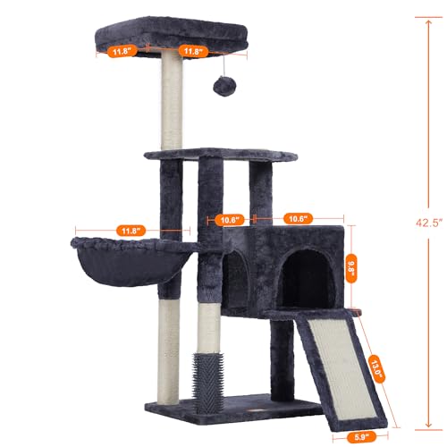 Cat Tree with Cat Self Groomer Brush (42.5 inch / Smoky Gray)