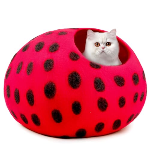 Premium Felt Cat Cave Bed (Red Polka)