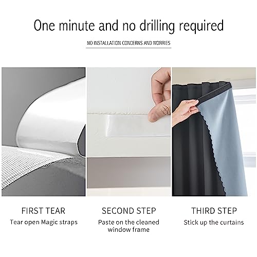 100% Blackout Self Adhesive Curtains Small Window Short Temporary Black Out Curtains Easy to Install Used for Bedroom Kitchen Window Cover (Black/ Thickened / 35"W x 54"L (Pack of 1))