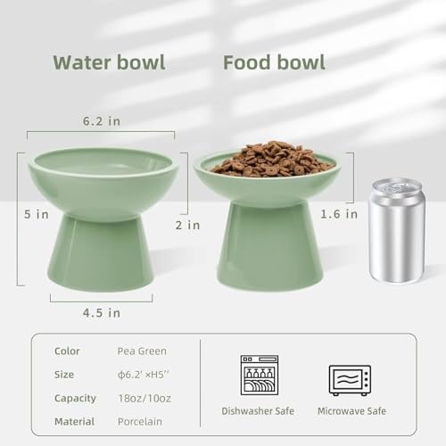 2 Pack Elevated Ceramic Cat Bowls Extra Wide for Food & Water (Sage Green)