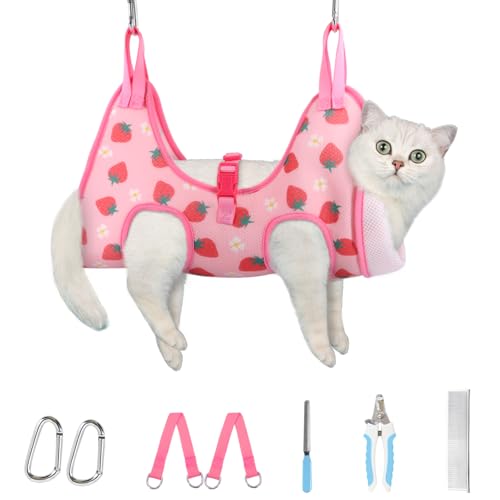 Cat Grooming Hammock (XS（ Legs Spacing：4.9”-10.5" / Max W：8-14LBS） / Strawberry)