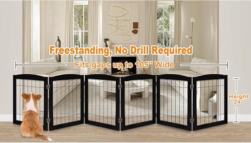 6 Panel Extra Wide Wooden Freestanding Dog Gate (24"Height-6 Panel / Black)