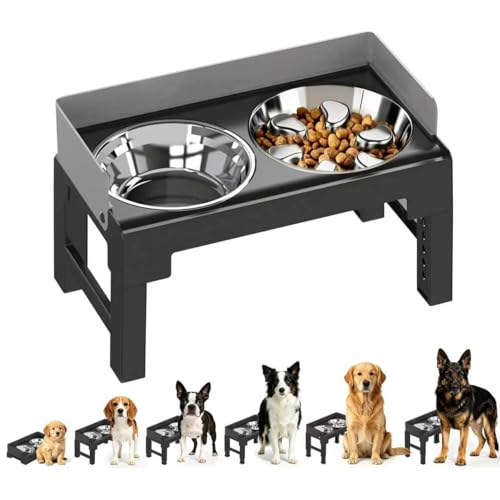 Elevated Dog Bowls with Stainless Steel Slow Feeder Bowl for Medium and Large Dogs (1 Stainless Slow Feeder & 1 Stainless Bowl / Grey)