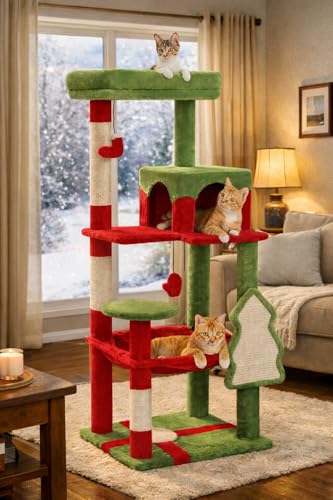 56.3" Cat Christmas Tree with Metal Hammock (Red / 56.3in)