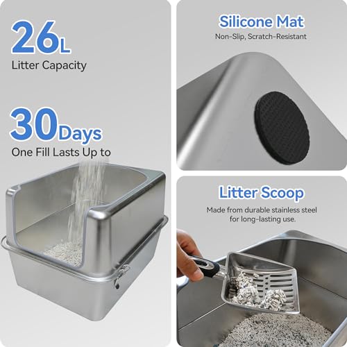 Stainless Steel Litter Box with Metal Lid and Scoop (L:17.7"x13.8"x11.8")