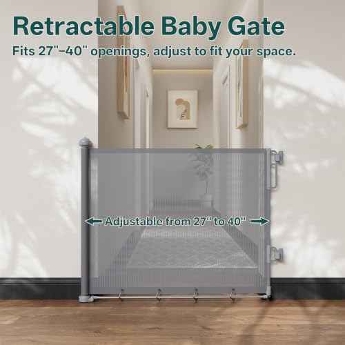 27 40" Retractable Baby Gates for Stairs & Doorways (Gray / Retractable Width: 27"–40")