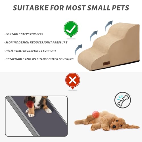 Dog Stairs for Small Dogs and Cats (Khaki / Standard 3-Step 15.7"H)